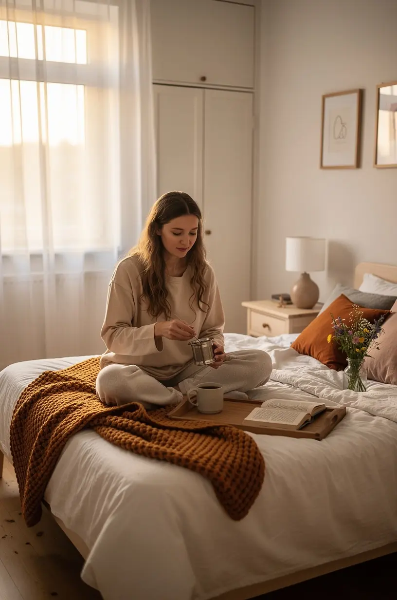 Artimas žvilgsnis į arbatinį, kuriame matomos garuojančios arbatžolės ir natūralūs ingredientai