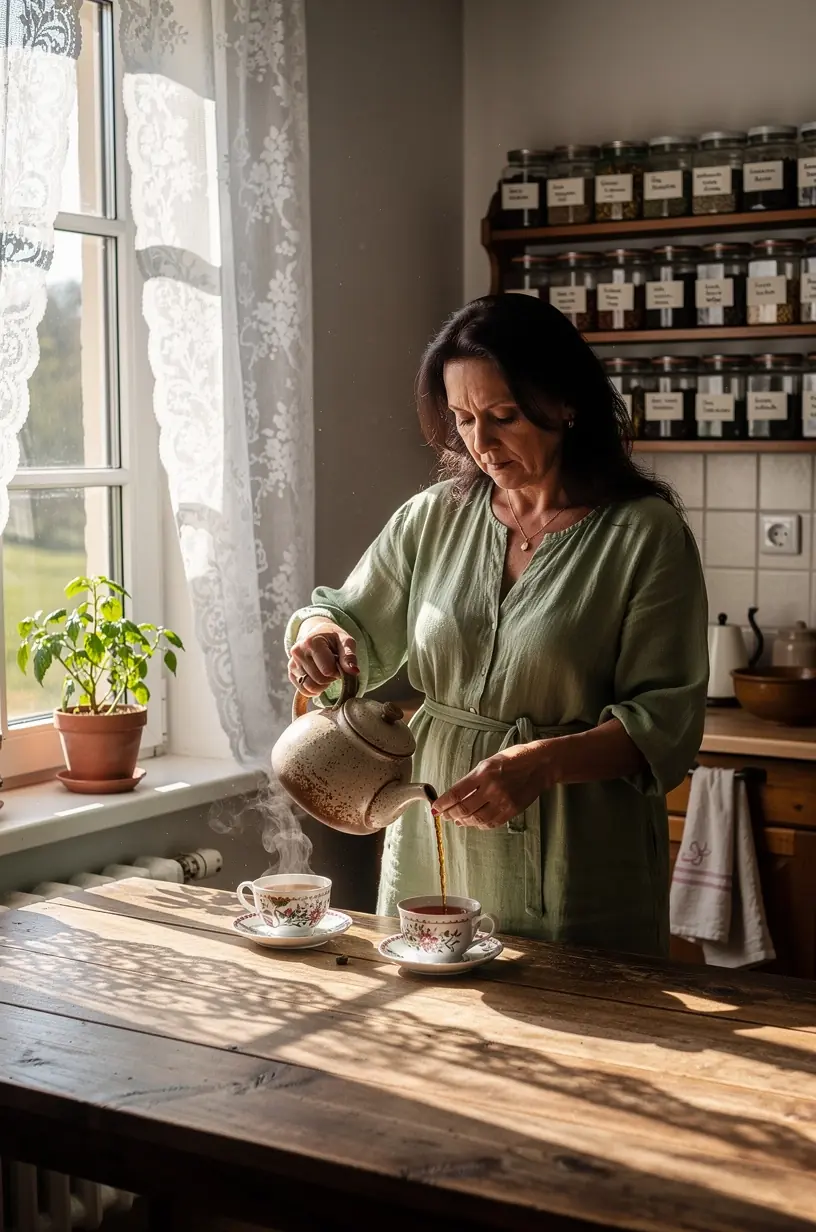 Žmogus meditacijos pozoje su arbatos puodeliu rankoje, skatinantis gerą savijautą ir ramybę
